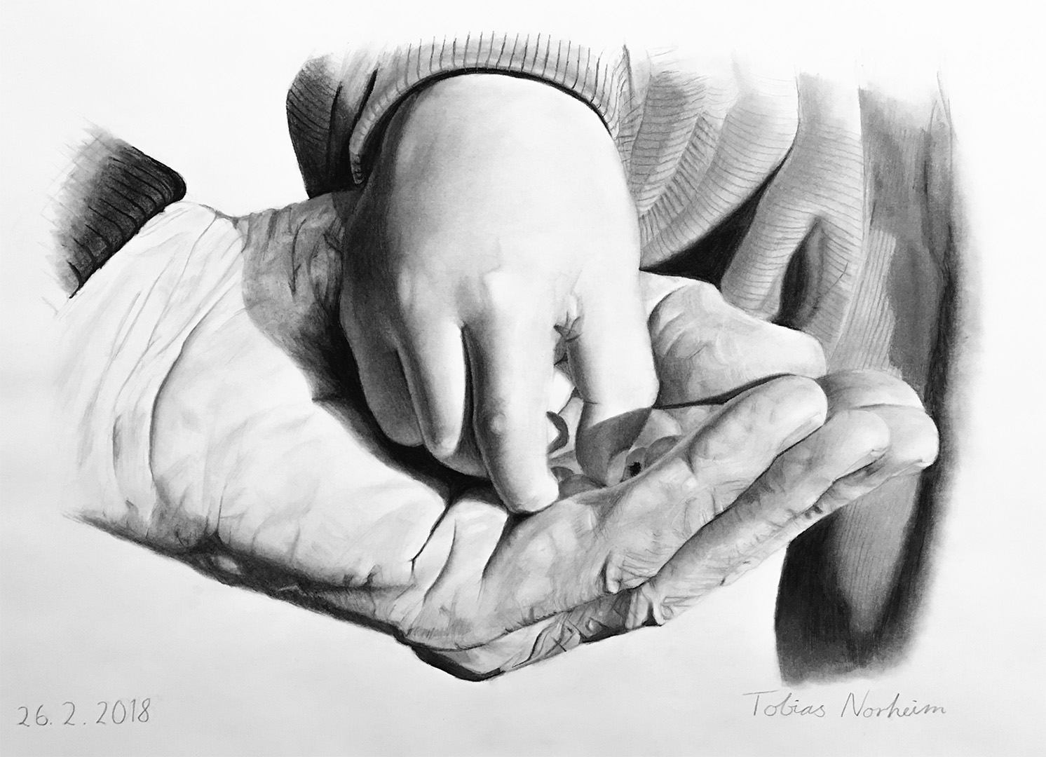 Photo realistic drawing of my hand and my grandfather's hand when I was three years old. Picking redcurrants.