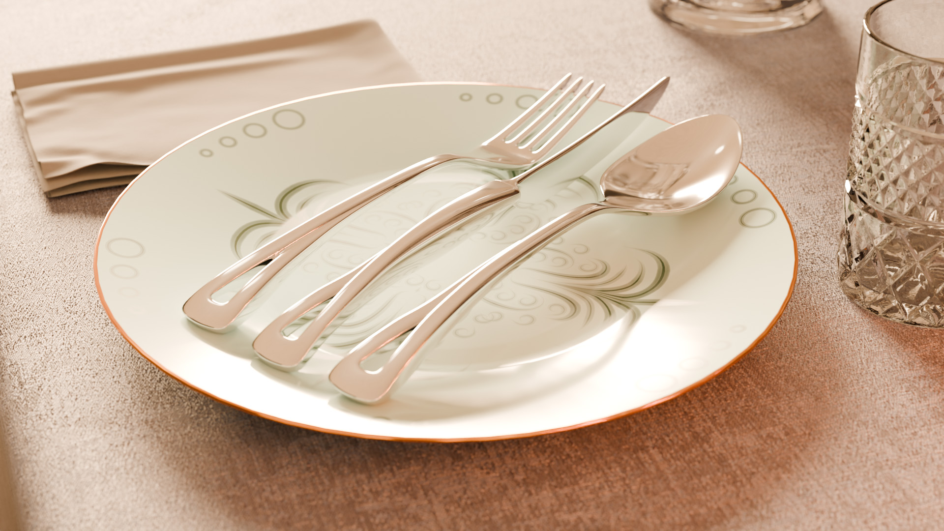 Cutlery on a dining table in a gleamy light