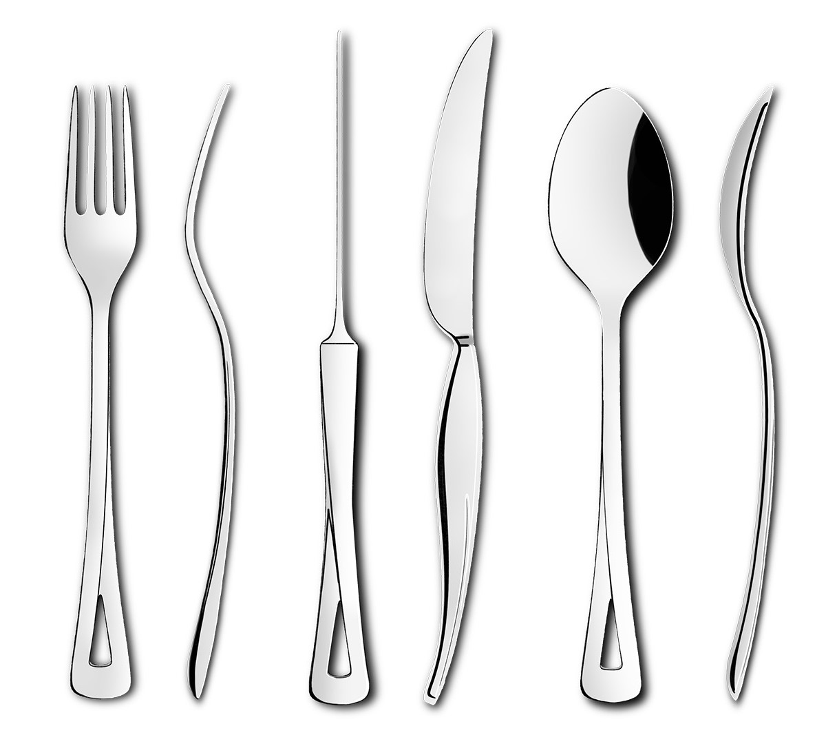 Photoshop render of the cutlery in standard views