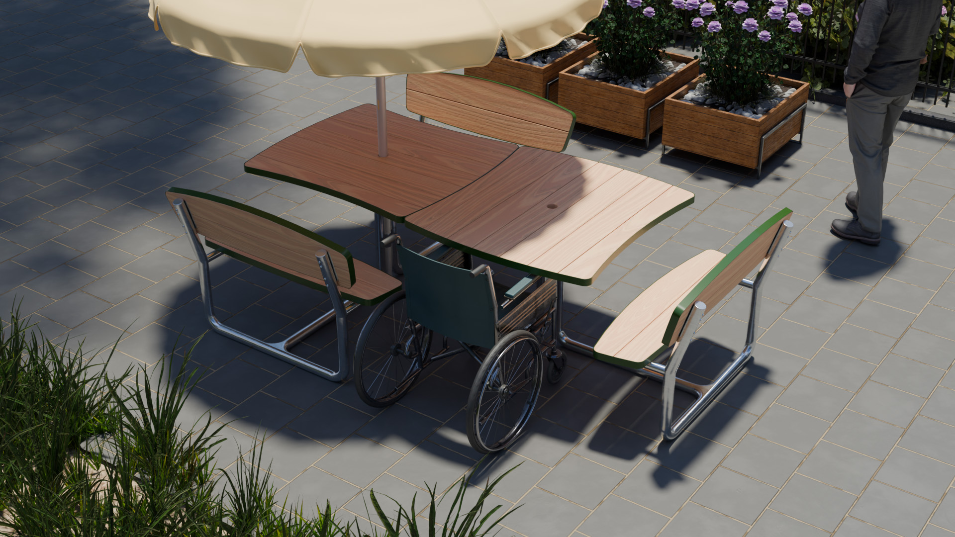 Render of two picnic tables put together with a wheelchair